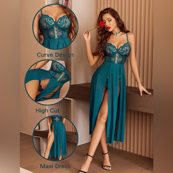 Avidlove Sexy Lingerie for Women Lace Mesh Sleepwear Side Split V Neck Nightgown - Picture 4 of 8